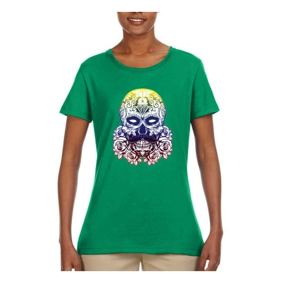 Retro Mosaic Style Floral Trippy Skulls Fashion Womens Graphic T-Shirt, Kelly, Large