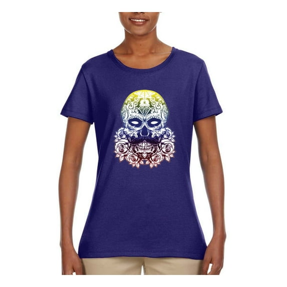Retro Mosaic Style Floral Trippy Skulls Fashion Womens Graphic T-Shirt, Purple, 3XL