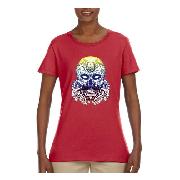 Retro Mosaic Style Floral Trippy Skulls Fashion Womens Graphic T-Shirt, Red, 2XL