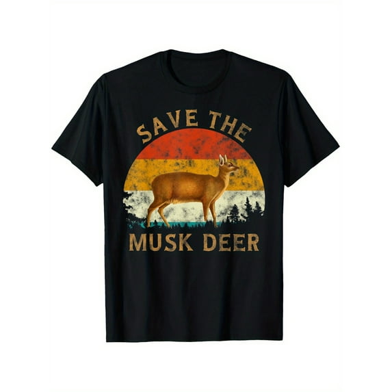 Retro Moschus Lover Vintage Deer Sunset Graphic T-Shirt - 100% Cotton, Black Casual Tee for Men & Women, Family Friendly, S-XXXL, All-Season Wear, Casual Wear Tee | Retro Print Tee | Cotton Fabric