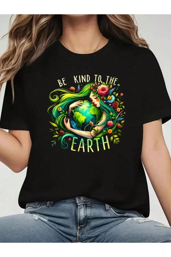 Retro Mother Nature Earth Day Graphic Tee - Be Kind To The Earth Women's Short Sleeve T-Shirt - Eco-Friendly Floral Sustainability Apparel - Cute Aesthetic Nature Lover Top