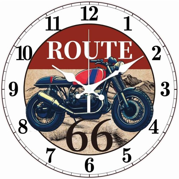 Retro Motorbike Pattern Wall Clock 12 Inch Non-Ticking Clocks Round Desert Wall Hanging Clock Battery Operated