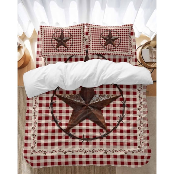 Retro Mottled Bedding Duvet Cover Set Twin Size 4 Pieces Country Star Berry Farmhouse Red Buffalo Plaid Bedding Set with Zipper Closure, 1 Comforter Cover 68x86 Inches 1 Flat Sheet & 2 Pillow Cases
