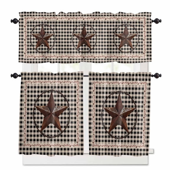 Retro Mottled Kitchen Curtains Valances and Tiers Set of 3, 36 Inch Length Tier Curtains and Valance Rod Pocket Valance Curtains Set for Kitchen Bathroom Small Windows