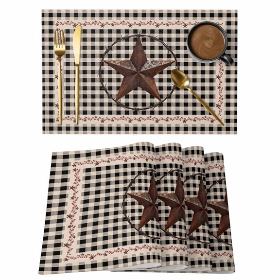 Retro Mottled Placemats Set of 1, Country Star Berry Farmhouse Red Buffalo Plaid Non-Slip Place Mats Washable Table Mats for Kitchen Dining Table Decorations Indoor/Outdoor