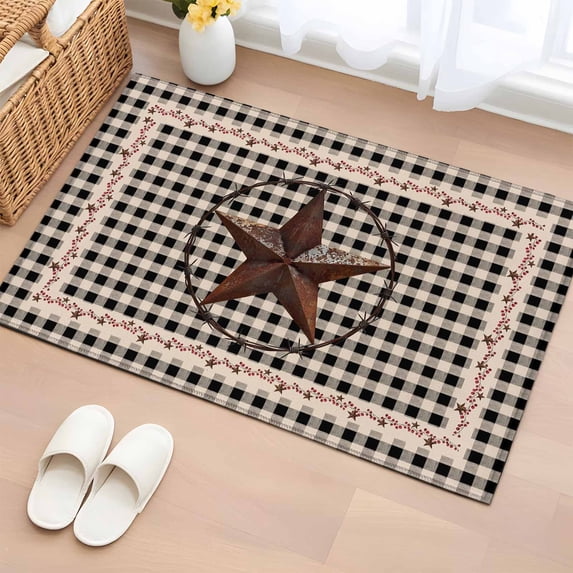 Retro Mottled Washable Area Rug 2 x 3 ft Country Star Farmhouse Black Buffalo Plaid, Soft Non Slip Rugs Stain Repellent Indoor Felt Carpet for Living Dining Room Bedroom Home Office