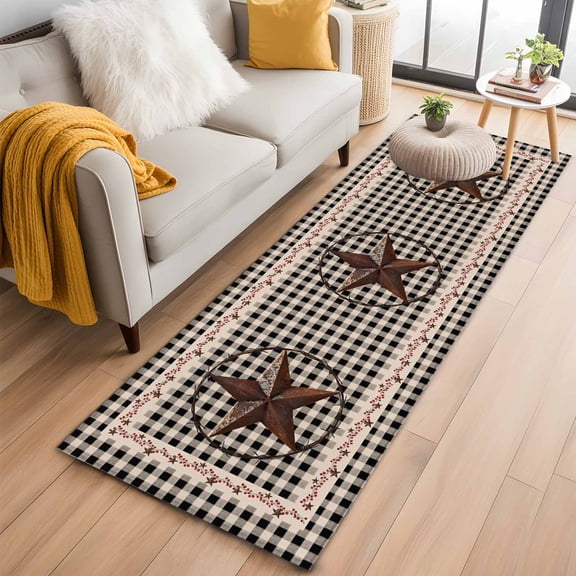 Retro Mottled Washable Area Rug 2 x 6 ft Country Star Farmhouse Black Buffalo Plaid, Soft Non Slip Rugs Stain Repellent Indoor Felt Carpet for Living Dining Room Bedroom Home Office
