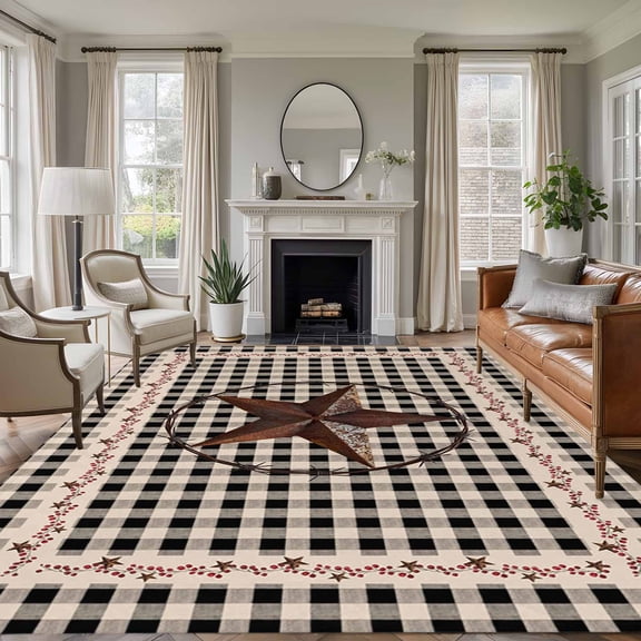 Retro Mottled Washable Area Rug 5 x 7 ft Country Star Farmhouse Black Buffalo Plaid, Soft Non Slip Rugs Stain Repellent Indoor Felt Carpet for Living Dining Room Bedroom Home Office