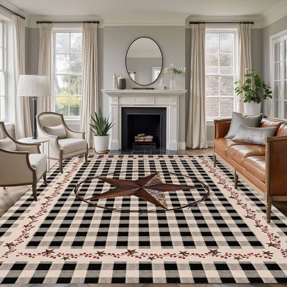 Retro Mottled Washable Area Rug 5 x 8 ft Country Star Farmhouse Black Buffalo Plaid, Soft Non Slip Rugs Stain Repellent Indoor Felt Carpet for Living Dining Room Bedroom Home Office