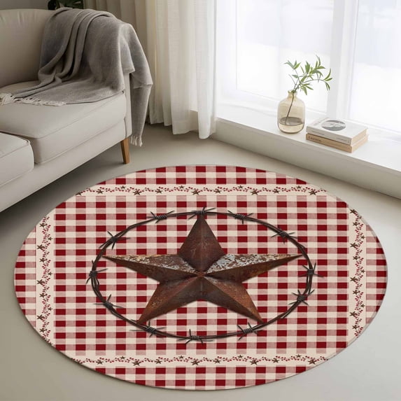 Retro Mottled Washable Round Area Rug 3 ft, Country Star Berry Farmhouse Red Buffalo Plaid, Soft Non Slip Rugs Stain Repellent Indoor Felt Carpet for Living Dining Room Bedroom Home Office