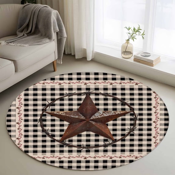 Retro Mottled Washable Round Area Rug 4 ft, Country Star Farmhouse Black Buffalo Plaid, Soft Non Slip Rugs Stain Repellent Indoor Felt Carpet for Living Dining Room Bedroom Home Office