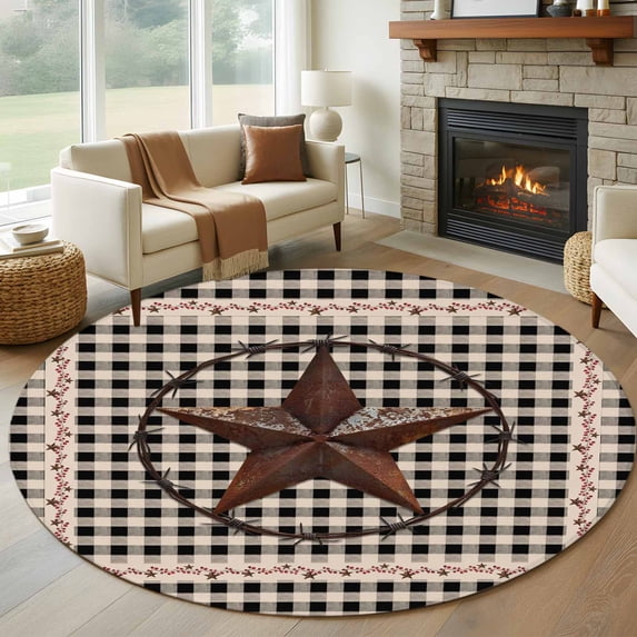 Retro Mottled Washable Round Area Rug 5 ft, Country Star Farmhouse Black Buffalo Plaid, Soft Non Slip Rugs Stain Repellent Indoor Felt Carpet for Living Dining Room Bedroom Home Office