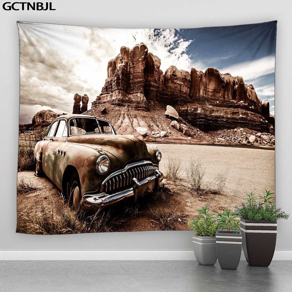Retro Mountain Antique Car Tapestry Wall Hanging Photography Style Landscape Home Living Room