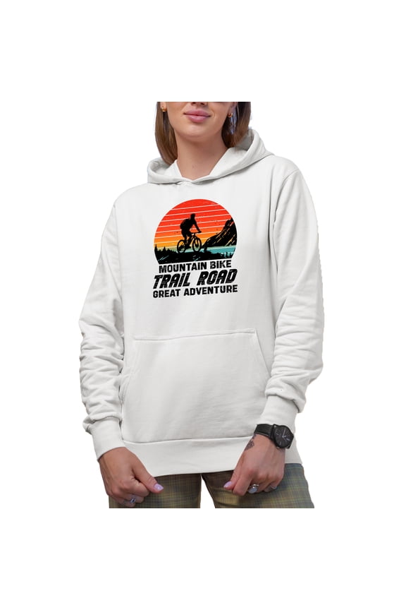 Retro Mountain Bike Trail Road Great Adventure, Cyclist, Bicyclist or Biker, White Hooded Sweatshirt or Hoodie, Medium