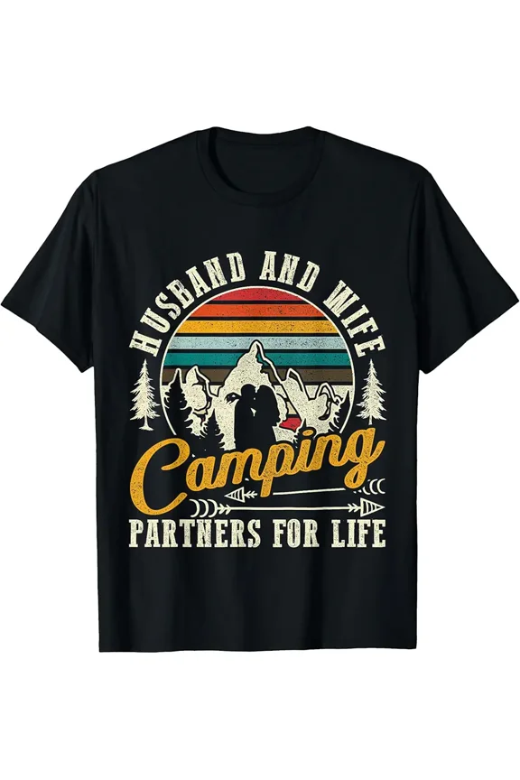 Retro Mountain Camping Partners for Husband Wife Short Sleeve Graphic Tee