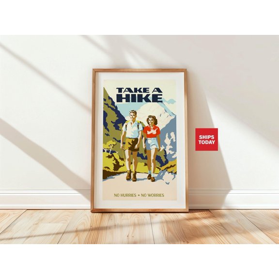 Retro Mountain Lake Landscape Poster Take a Hike Poster Wall Art Decor 8x12 UNFRAMED