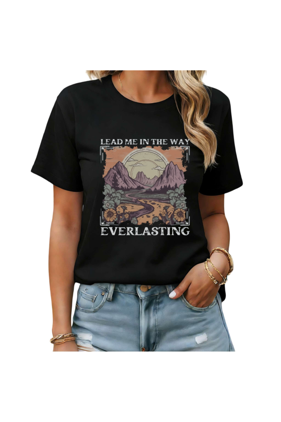 Retro Mountain Landscape Christian Quote Graphic Tees Womans T shirt Black S-5XL Shirts Casual Faith Tops