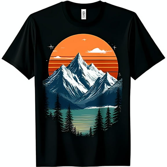 Retro Mountain Range T-Shirt Vibrant Sunset & Forest Design on Black Tee