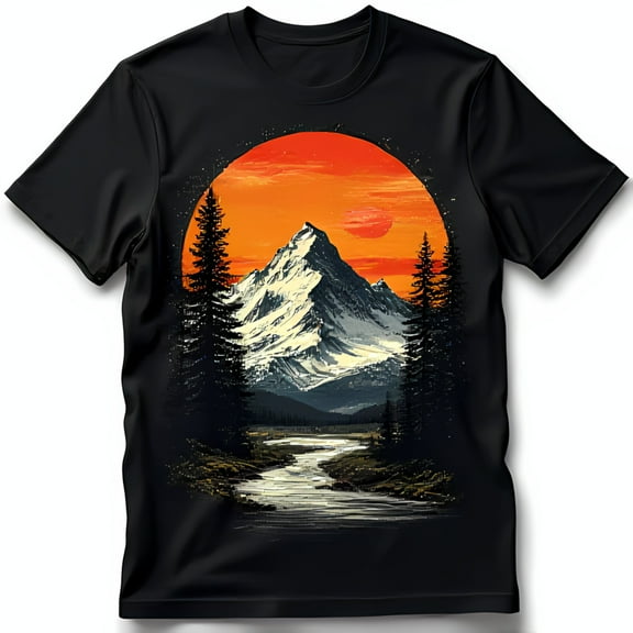 Retro Mountain Scene Black T-Shirt with Snow Capped Peaks & Sunset Design
