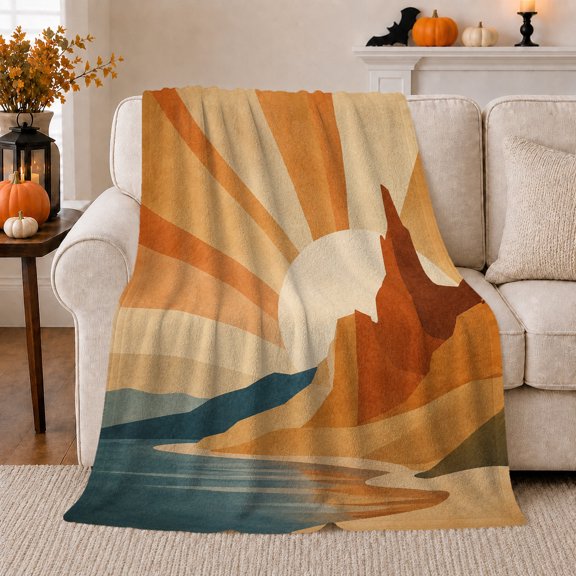 Retro Mountain Sunrise Geometric Landscape, Peaceful Mountain Lake Scene, Warm Flannel Blanket for Cabin and Lodge, Outdoor Lovers Christmas Gift, Festive Home Decor