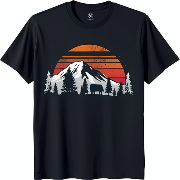 Retro Mountain T-Shirt Snow Capped & Sunset Design