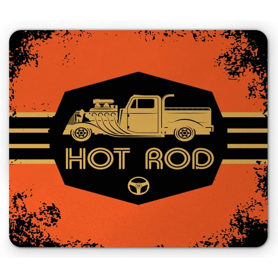 Retro Mouse Pad, Hot Rod Grunge Poster Design Custom Truck Americana Vintage Engine, Rectangle Non-Slip Rubber Mousepad, Standard Size, Orange Black Sand Brown