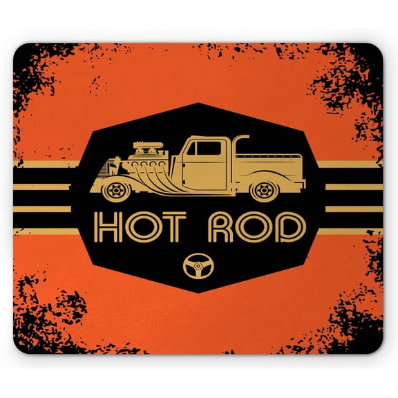Retro Mouse Pad, Hot Rod Grunge Poster Design Custom Truck Americana Vintage Engine, Rectangle Non-Slip Rubber Mousepad, Standard Size, Orange Black Sand Brown
