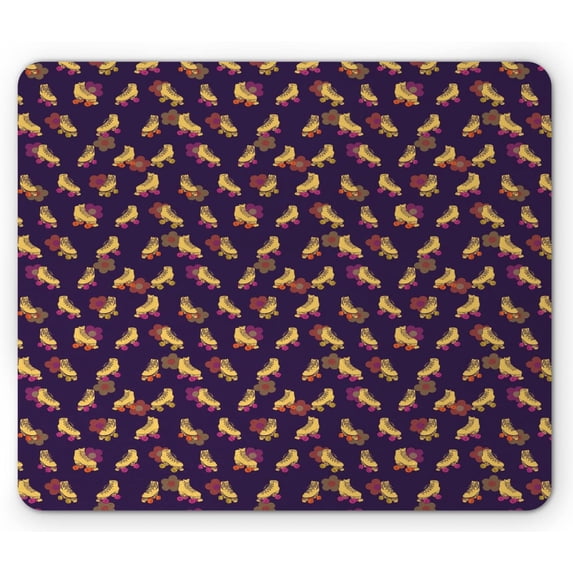 Retro Mouse Pad, Vintage Girly Roller Skates Hippie Flower Petals Fun Times Teen Youth, Rectangle Non-Slip Rubber Mousepad, Standard Size, Dark Purple and Mustard