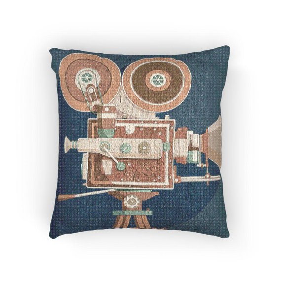 Retro Movie Camera in Deep Blue, Brown and Mint Green Decorative Woven Pillow, Cotton-Polyester Shell, 17 x 18 in