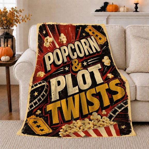 Retro Movie Night Popcorn Plot Twists Playful, Cozy Typography Art Scene, Warm Flannel Blanket for Living Room and Reading Nook, Art Lovers Housewarming Gift, Artistic Home Decor