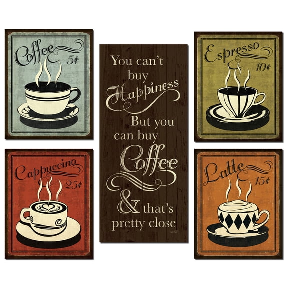 Retro Multi-Color Coffee Espresso Cappuccino Latte Adult Kitchen Decor; 4- 8" x 10" 1 - 8" x 18" Unframed Prints