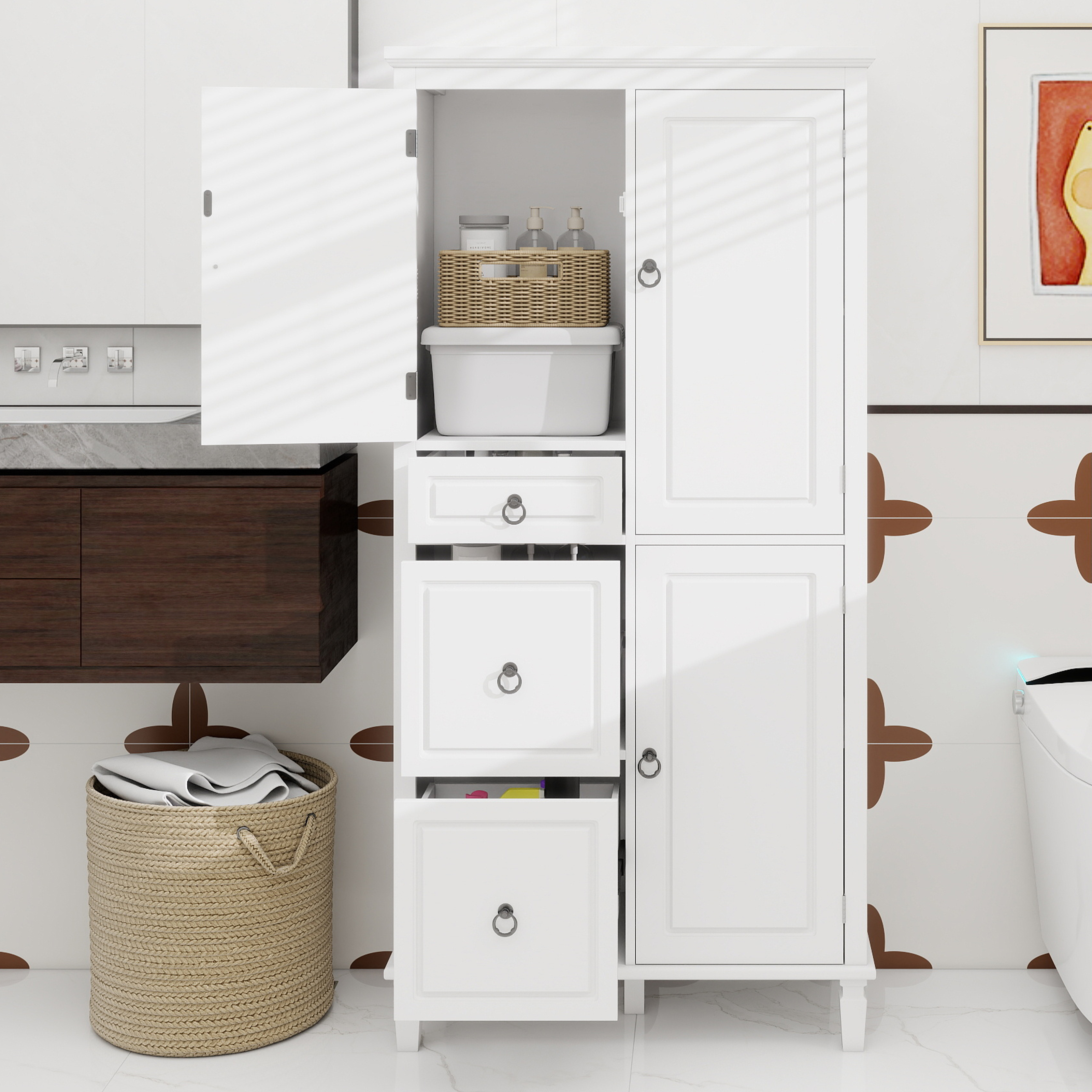 Retro Multi-Functional Storage Cabinet with Adjustable Shelves, 3 ...