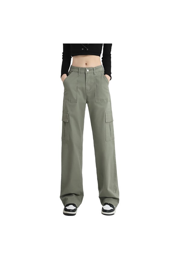 Retro Multi Pocket Straight Work Pants Female Fall And Winter Waist Loose Thin Wide Leg Casual Pants