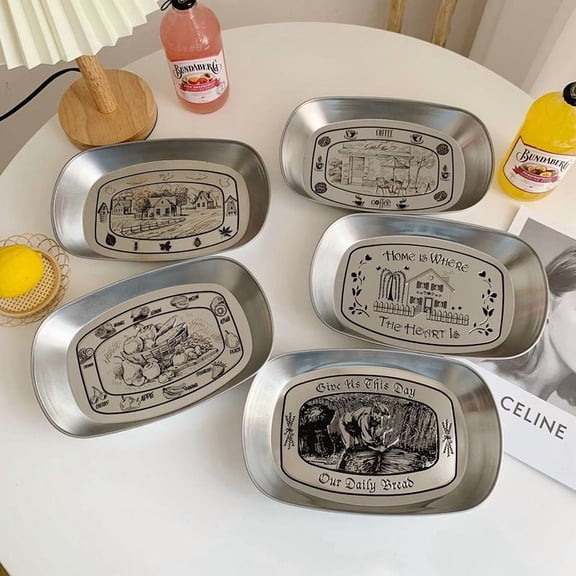 Retro Multi-Purpose Tray & Plate Set: American-Style Tin & Stainless Steel Dishes for Snacks, Fruits, Coffee Table Storage & Picnics
