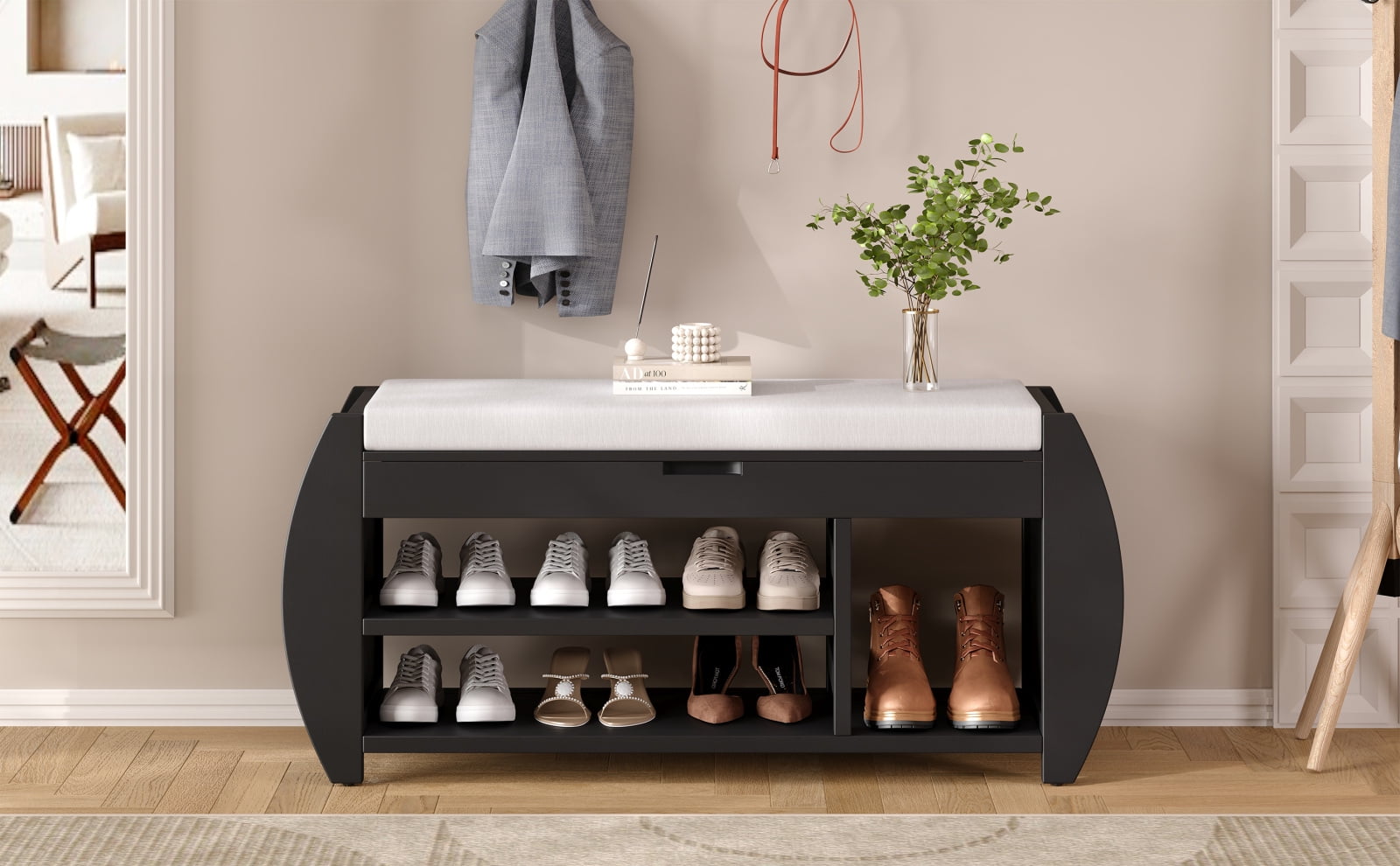 TREXM Retro Multifunctional Storage Bench with Cushion and Curved Side Panel for Entrance and Living Room (Natural)