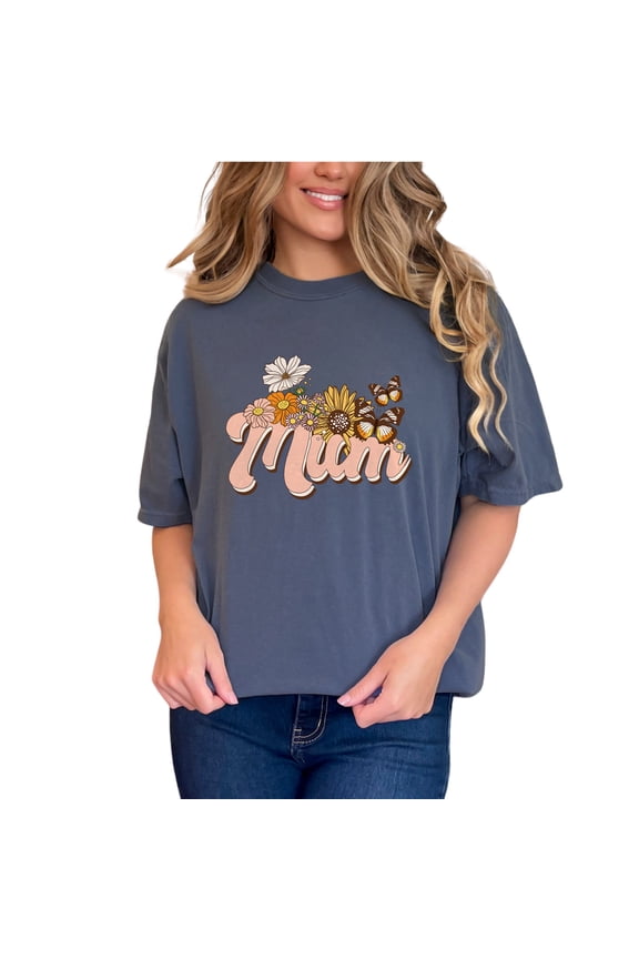 Retro Mum, Flowers and Butterflies Art, Mother's Day, Denim Comfort Colors T-Shirt, Medium