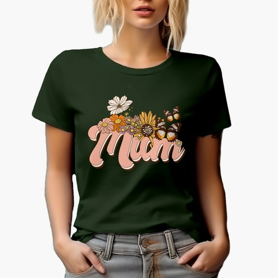 Retro Mum, Flowers and Butterflies Art, Mother's Day Merch Gift, Military Green T-Shirt, Medium