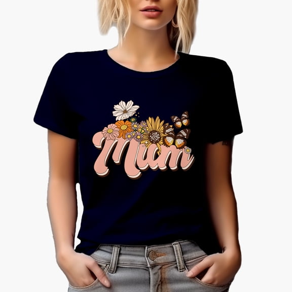 Retro Mum, Flowers and Butterflies Art, Mother's Day Merch Gift, Navy Blue T-Shirt, XL