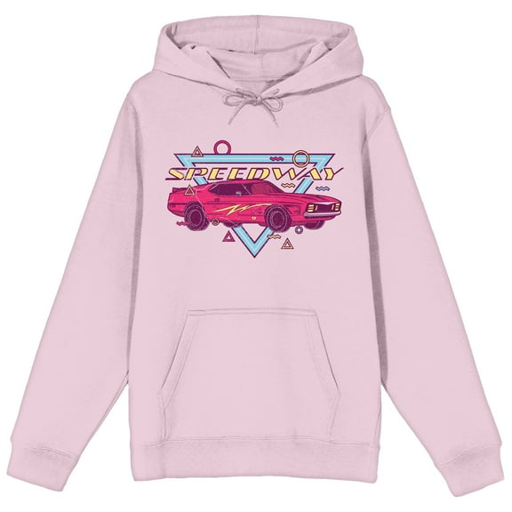 Retro Muscle Car Speedway Long Sleeve Cradle Pink Adult Hooded Sweatshirt-Large
