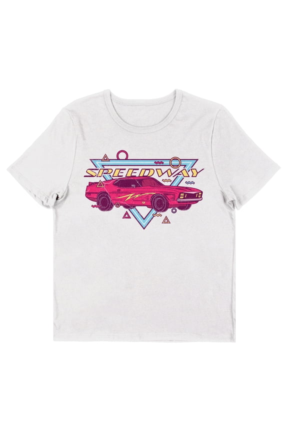 Retro Muscle Car Speedway Women's White Short Sleeve Crew Neck Tee-Medium