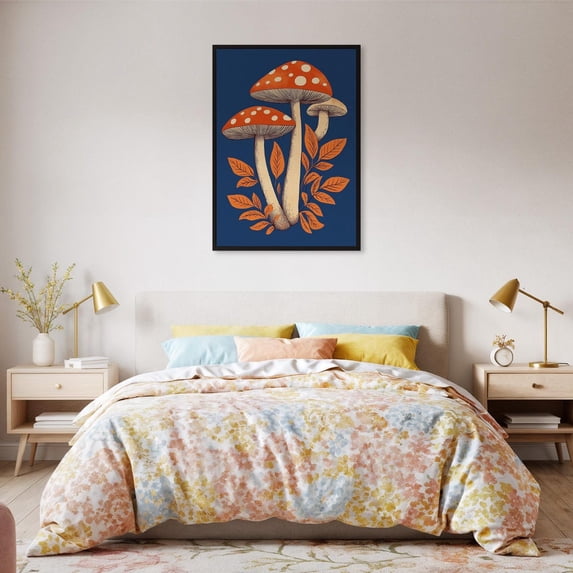 Retro Mushroom Art Poster Orange Botanical Toadstool On Navy Blue Cottagecore Wall Decor Nature Or Fungi Lovers Design1 Poster, Unframed Size 16x24
