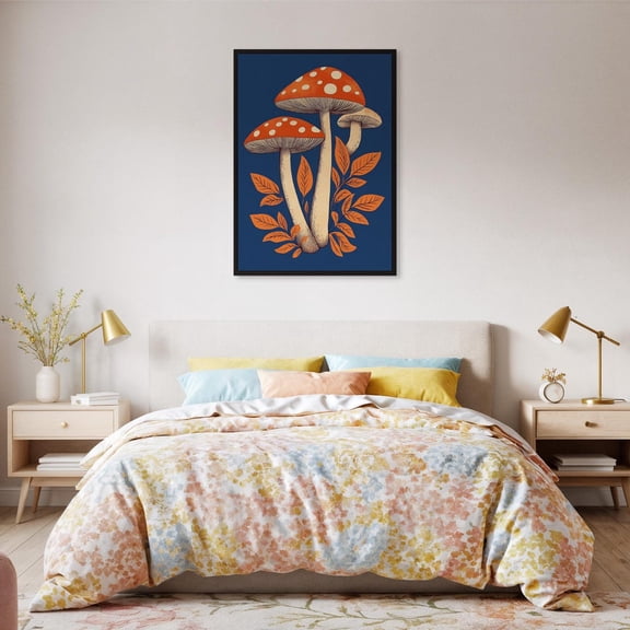 Retro Mushroom Art Poster Orange Botanical Toadstool On Navy Blue Cottagecore Wall Decor Nature Or Fungi Lovers Design1 Poster, Unframed Size 8x12