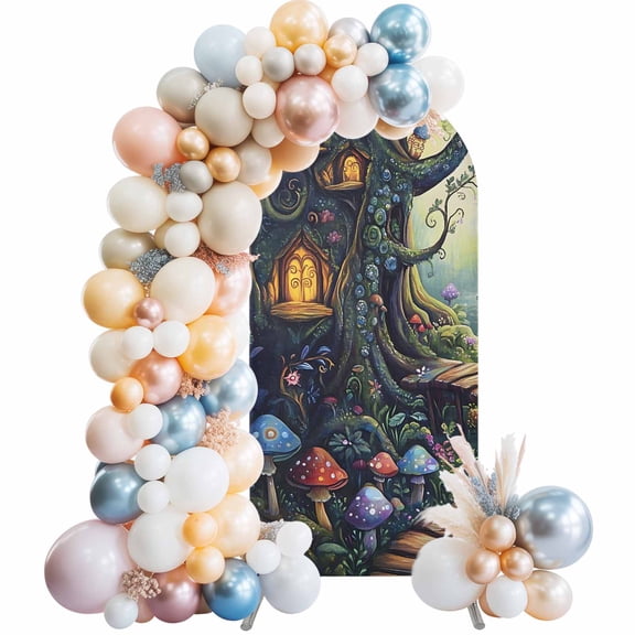 Retro Mushroom Cottage Forest Arch Backdrop Cover Spandex Fitted Arch Cover 6FT,Arches Backdrop Stand Covers for Wedding Birthday Party Ceremony Banquet Decoration Cartoon House Tree