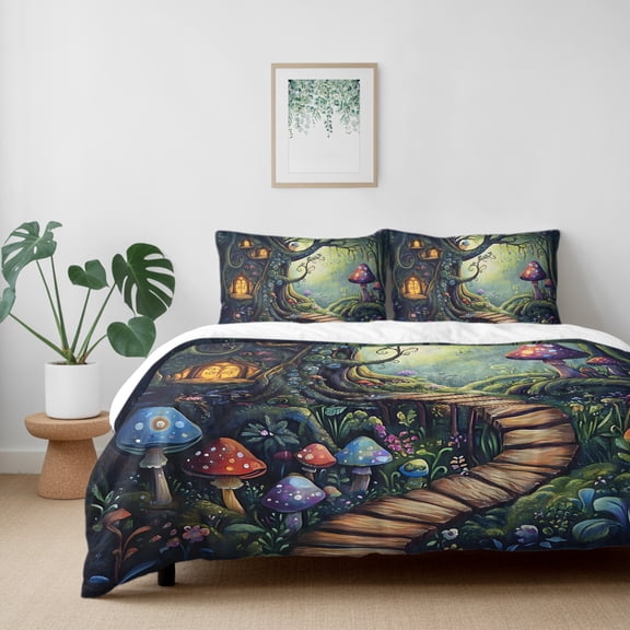 Retro Mushroom Cottage Forest California King Size Bed Set,Cartoon House Tree Bedding for All Seasons,4 Pcs Bed Set with 1 Quiltcover (96"x104"),1 Sheet (110"x98"),2 Pillowcases (20"x36")
