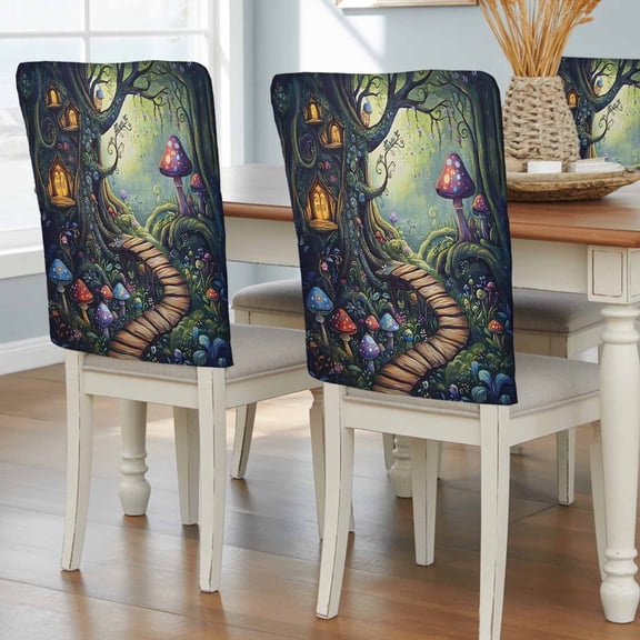Retro Mushroom Cottage Forest Chair Covers Set of 4 Cartoon House Tree Chair Back Covers Stretch Removable Washable Slipcovers Protector for Dining Room Kitchen Party Decor