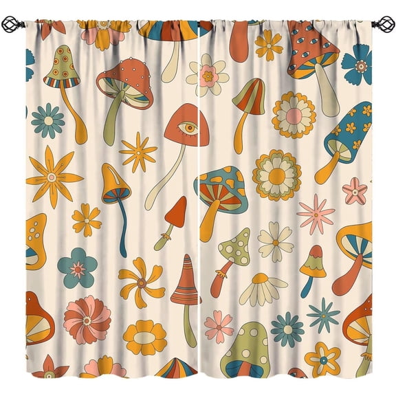 Retro Mushroom Curtains, Retro 70s 60s Groovy Magic Mushrooms Flowers Vintage Boho Hippie Daisy Window Treatments for Kids Bedroom Livingroom, 55" W X 39" L