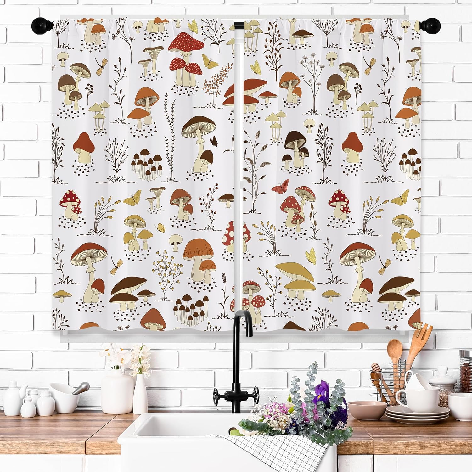 Retro Mushroom Kitchen Curtains Boho Plant Rustic Vintage Cottagecore ...