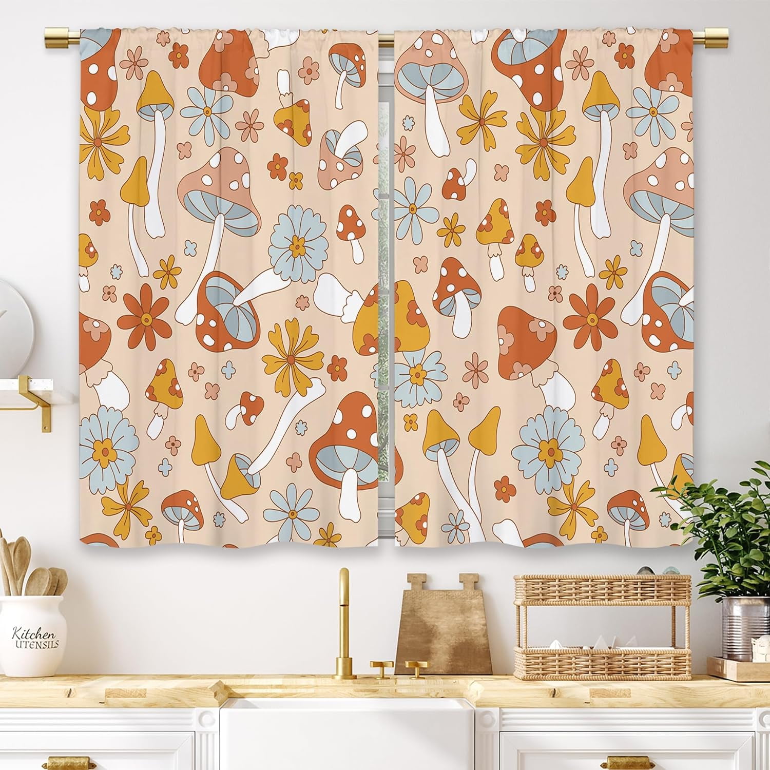 Retro Mushroom Kitchen Curtains Cute Boho Flower Small Short Cafe ...