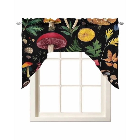 Retro Mushroom Kitchen Swag Valances for Windows, Spring Summer Botanical Leaves Black Swag Valances Curtains for Living Room, Rod Pocket Window Treatments for Bathroom, Bedroom, Cafe, 56"x36"
