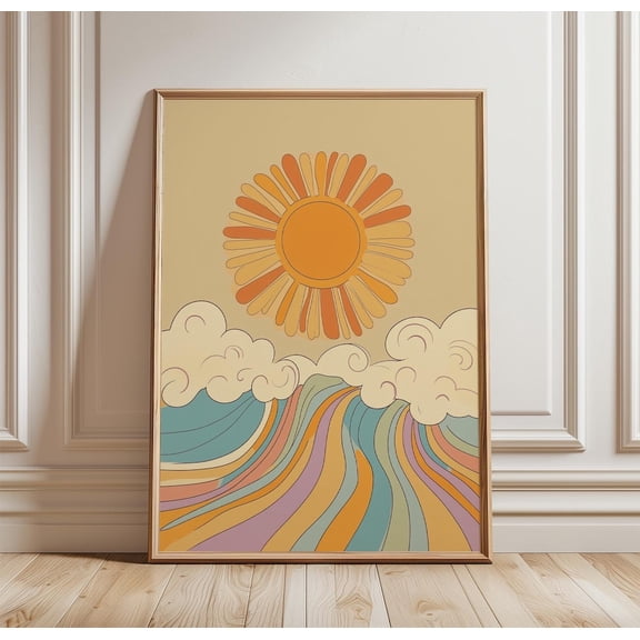 Retro Mushroom Landscape Psychedelic Sun Rays Groovy Nature Art Unframed Paper Print